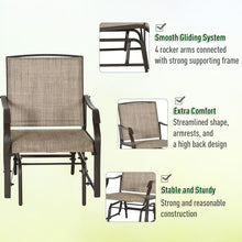 Load image into Gallery viewer, 3 Piece Outdoor Glider Chair with Coffee Table Bistro Set, 2 Patio Rocking Swing Chairs with Breathable Sling Fabric, Glass Tabletop, for Backyard, Garden and Porch, Mixed Brown