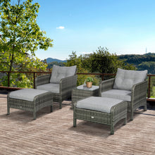 Load image into Gallery viewer, 5 Pieces Rattan Wicker Lounge Chair Outdoor Patio Conversation Set with 2 Cushioned Chairs, 2 Ottomans and Tempered Glass Top Coffee Table, Gray/Light Gray