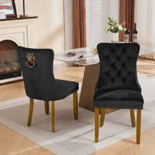 Load image into Gallery viewer, Mid-Century Modern Chairs With Lion Head Pull Ring,High-end Tufted Solid Wood Contemporary Velvet Upholstered Dining Chair With Golden Wooden Legs Nailhead Trim 2-Pcs Set,Black,SW1201BK