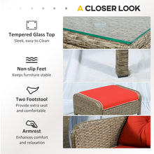 Load image into Gallery viewer, 5 Pieces Rattan Wicker Lounge Chair Outdoor Patio Conversation Set with 2 Cushioned Chairs, 2 Ottomans and Tempered Glass Top Coffee Table, Brown/Red
