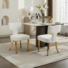 Load image into Gallery viewer, Mid Century Modern Dining Chairs Set Of 2, Farmhouse Chenille Fabric Upholstered Accent Chair Curved Backrest With Copper Nails Around,Kitchen Chairs With Golden Stainless Steel Plating Legs, Beige