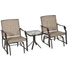 Load image into Gallery viewer, 3 Piece Outdoor Glider Chair with Coffee Table Bistro Set, 2 Patio Rocking Swing Chairs with Breathable Sling Fabric, Glass Tabletop, for Backyard, Garden and Porch, Mixed Brown