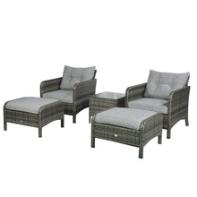 Load image into Gallery viewer, 5 Pieces Rattan Wicker Lounge Chair Outdoor Patio Conversation Set with 2 Cushioned Chairs, 2 Ottomans and Tempered Glass Top Coffee Table, Gray/Light Gray