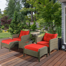 Load image into Gallery viewer, 5 Pieces Rattan Wicker Lounge Chair Outdoor Patio Conversation Set with 2 Cushioned Chairs, 2 Ottomans and Tempered Glass Top Coffee Table, Brown/Red