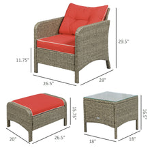 Load image into Gallery viewer, 5 Pieces Rattan Wicker Lounge Chair Outdoor Patio Conversation Set with 2 Cushioned Chairs, 2 Ottomans and Tempered Glass Top Coffee Table, Brown/Red
