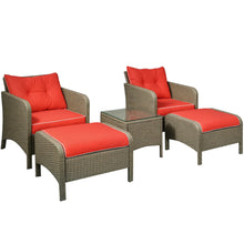 Load image into Gallery viewer, 5 Pieces Rattan Wicker Lounge Chair Outdoor Patio Conversation Set with 2 Cushioned Chairs, 2 Ottomans and Tempered Glass Top Coffee Table, Brown/Red
