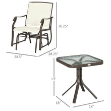 Load image into Gallery viewer, 3 Piece Outdoor Glider Chair with Coffee Table Bistro Set, 2 Patio Rocking Swing Chairs with Breathable Sling Fabric, Glass Tabletop, for Backyard, Garden and Porch, Cream White
