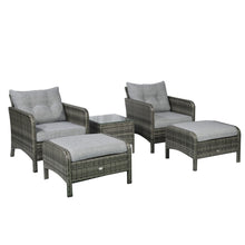 Load image into Gallery viewer, 5 Pieces Rattan Wicker Lounge Chair Outdoor Patio Conversation Set with 2 Cushioned Chairs, 2 Ottomans and Tempered Glass Top Coffee Table, Gray/Light Gray

