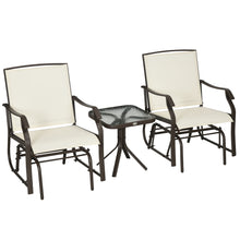 Load image into Gallery viewer, 3 Piece Outdoor Glider Chair with Coffee Table Bistro Set, 2 Patio Rocking Swing Chairs with Breathable Sling Fabric, Glass Tabletop, for Backyard, Garden and Porch, Cream White
